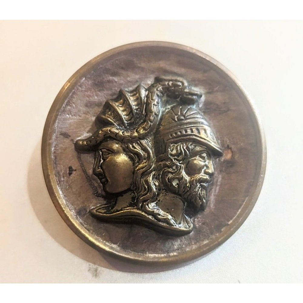 Vintage Roman Pictoral Shank Button Minerva And Jupiter Molded Pewter Wood Back